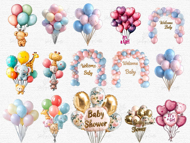 Baby Shower Balloon Clipart Bundle Pastel Pink Blue Gold Foil Balloons ...