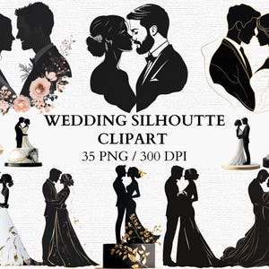 Silueta de novios PNG Clipart Diseño elegante de pareja para invitaciones de boda Tarjetas Scrapbooking Manualidades DIY y decoración digital de bodas