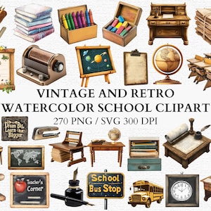 Vintage School Clipartbundel Retro Schoolbenodigdheden Bureaus Krijtborden Globes Aquarelkunst voor Leraren Schoolkunst Clipart Printables
