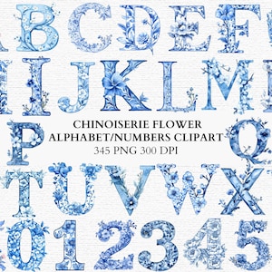 Alfabeto chinoiserie Clipart PNG Floral Azul Letra Número Conjunto Vintage Botánico Monograma Fuente Descarga digital instantánea Paquete de fuentes de boda