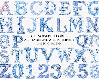 Alfabeto chinoiserie Clipart PNG Floral Azul Letra Número Conjunto Vintage Botánico Monograma Fuente Descarga digital instantánea Paquete de fuentes de boda