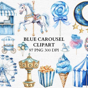 Niebieska karuzela Clipart Akwarela Karuzela Koń Diabelski Młyn Wata cukrowa Baby Shower PNG Vintage Cyrk Grafika Baby Shower Zaproszenie