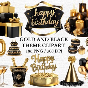 Ensemble de cliparts PNG d'anniversaire de luxe noir et or avec des éléments de décoration sophistiqués comme des chapeaux de fête et une fête Luxy jalonnée de touches dorées
