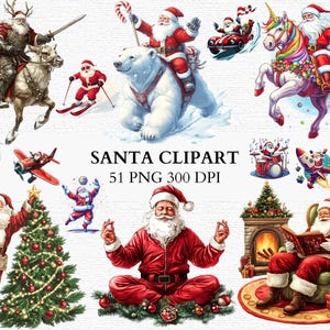 Santa riding a polar bear through the snow, holding a candy cane, with Christmas gifts in his bag — vibrant clipart for holiday designs.