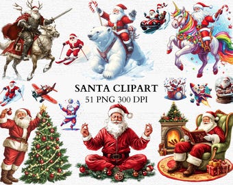 May include: A collection of Santa Claus illustrations in various poses and settings. Santa is depicted riding a horse, polar bear, and unicorn. Other images show Santa skiing, flying a plane, and meditating. The text "SANTA CLIPART 51 PNG 300 DPI" is also included.
