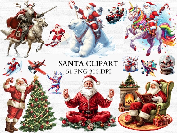 Santa Clipart Png Funny Santa Art Christmas Santa Riding Polar Bear Clip Art Santa Hot Air Balloon Santa in Action Scenes Instant Download