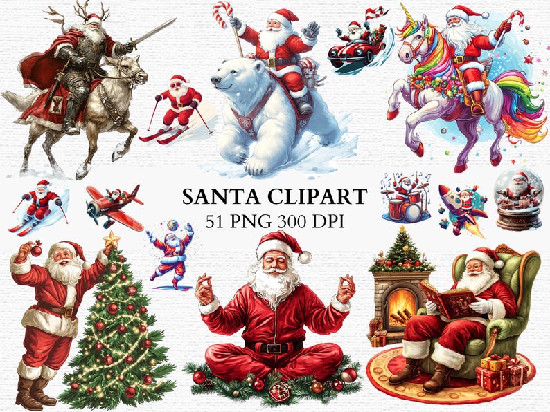 Santa riding a polar bear through the snow, holding a candy cane, with Christmas gifts in his bag — vibrant clipart for holiday designs.