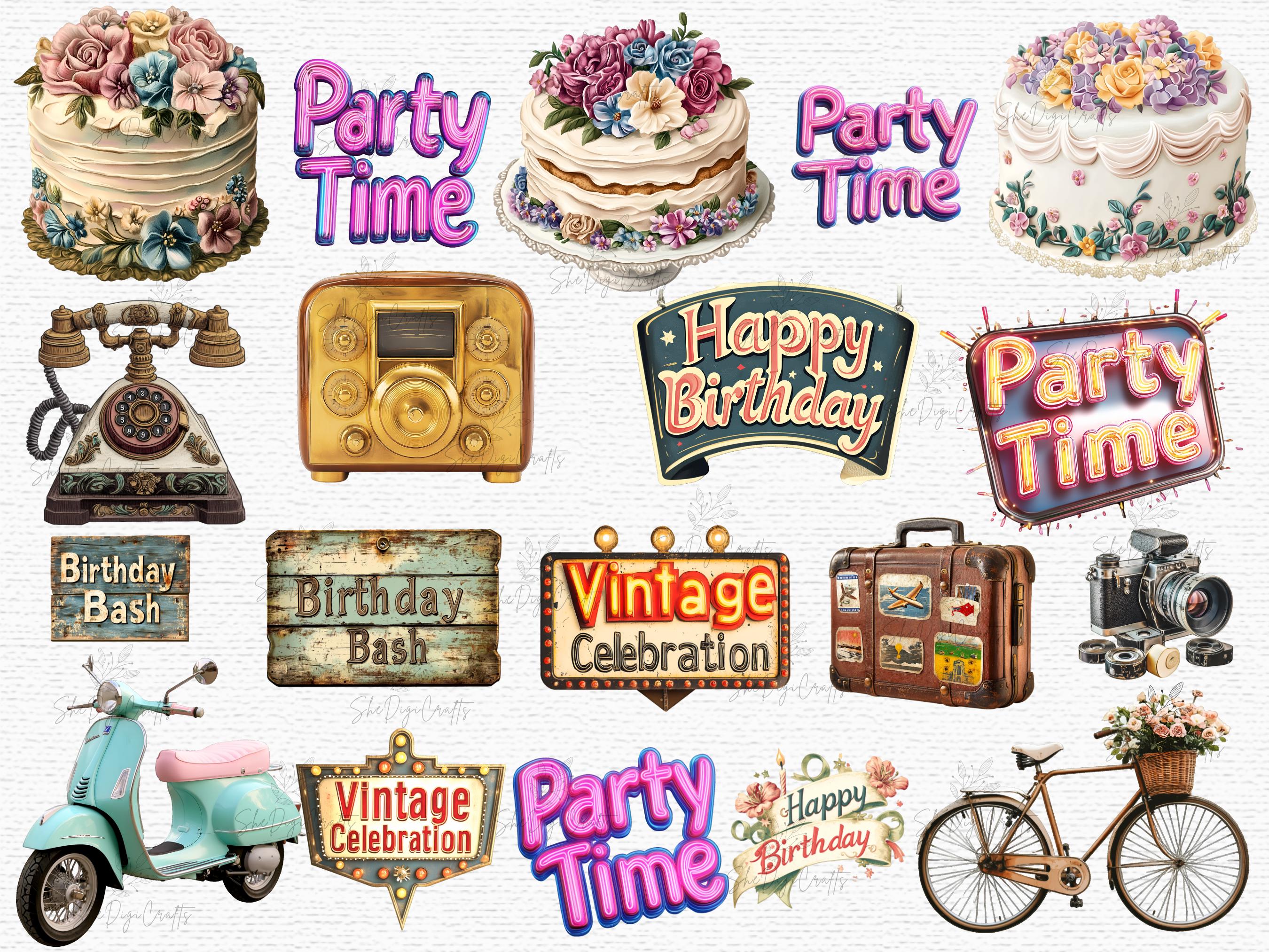 Vintage Birthday Clipart Bundle Retro Party Hats Hot Air Balloons ...