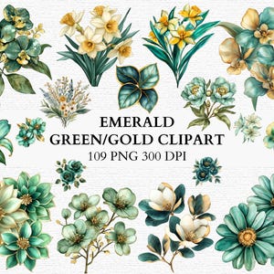 Emerald Green Gold Floral Clipart PNG Bundle Watercolor Flowers Wedding Invitation Art Transparent Background Digital Set Instant Download