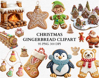 May include: A collection of Christmas gingerbread clip art images. The images include a gingerbread fireplace, star ornament, elf, houses, train, tree, angel, penguin, bear, Santa, stocking, and bell.