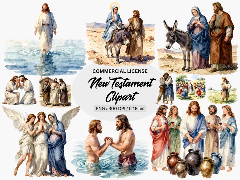New Testament Clipart PNG Bundle, Watercolor Jesus Bible Scenes ...
