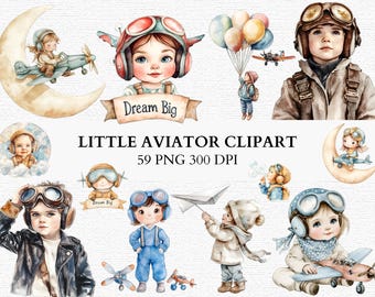 Flieger Clipart Set Baby Pilot PNG Aquarell junge Mädchen Flugzeug Kunst Kinder Luftfahrt Clip Art Traum groß Kinderzimmer Grafik Kommerzielle Nutzung