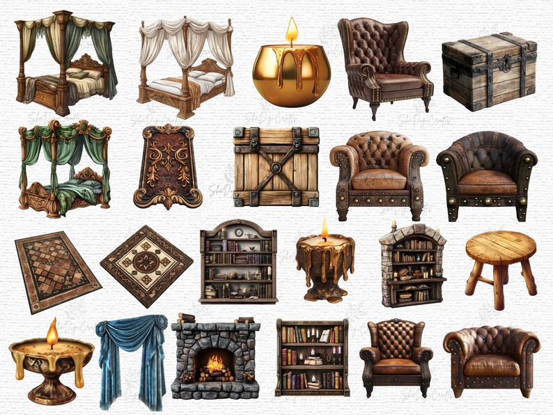 Fantasy Stool Medieval Furniture Clipart PNG Fantasy Interior Props RPG Decor Assets ...