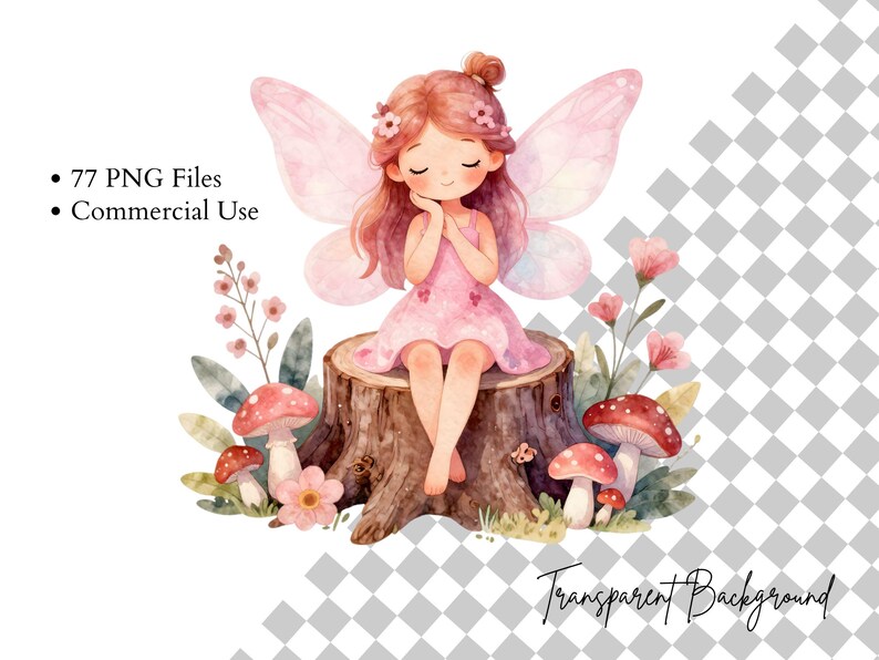 Pink Fairy Clipart Watercolor PNG Bundle, Cute Fairy Garden Clipart Set ...