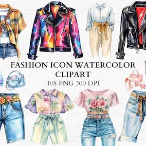 Op de afbeelding: Waterverf clipart met mode-items, waaronder jassen, shirts, jeans, shorts, een handtas, rolschaatsen, schoenen en sieraden. De tekst luidt "FASHION ICON WATERCOLOR CLIPART 108 PNG 300 DPI."