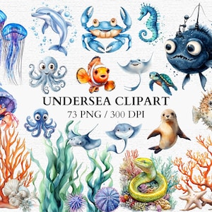 Onderzeese aquarel clipart oceaan dieren png zee koraal rif vis dolfijn kwallen octopus verjaardagsfeestje decor scrapbooking babyshower