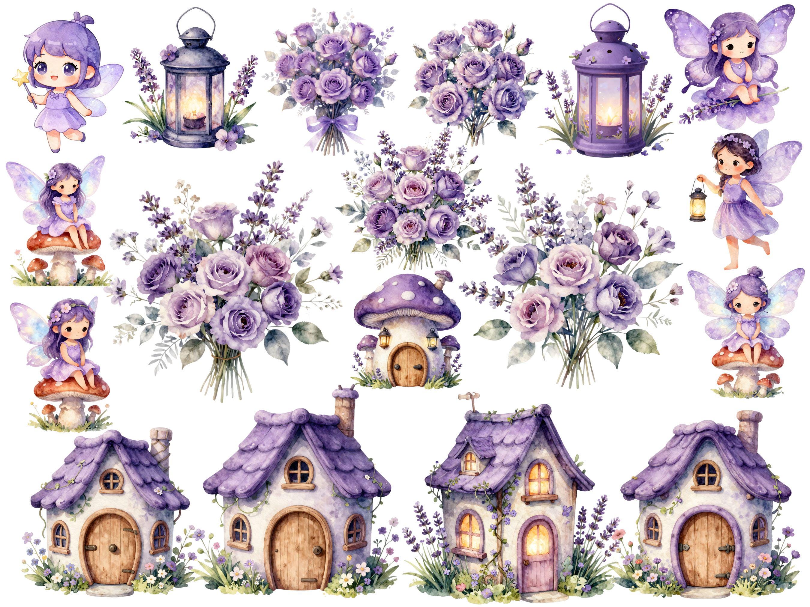 Purple Fairy Clipart Watercolor PNG Bundle, Lavender Fairy Garden ...