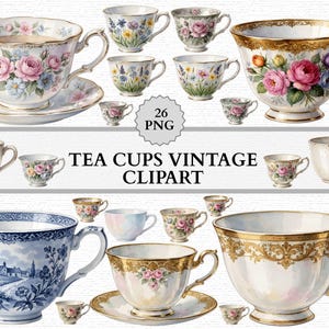 Vintage Teacup Clipart PNG Floral Antique Tea Cup Sublimation Design Shabby Chic Rose Teacup Graphic Set Chipped Tea Cups Digital Download