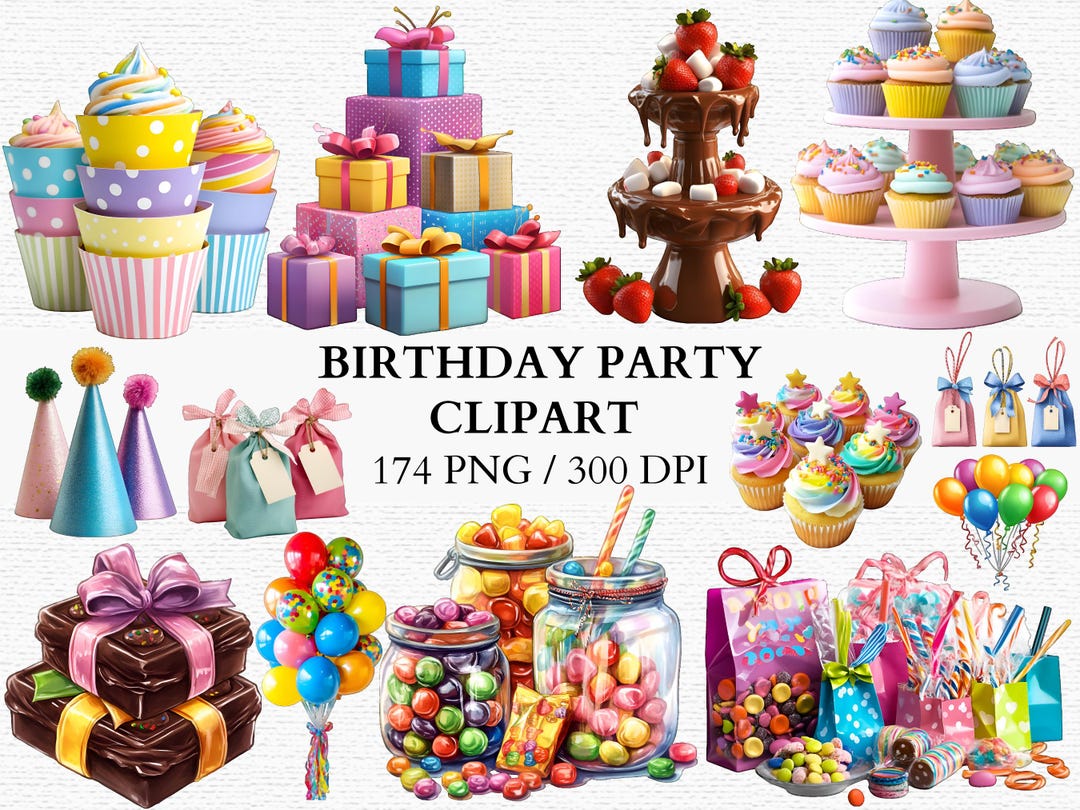 Birthday Party PNG Clipart Set Cupcakes Balloons Gifts Candy Jars Party ...