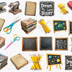 Vintage Watercolor School Clipart Bundle Png Svg, Retro Classroom Decor ...