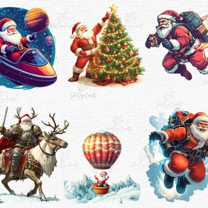 Santa riding a rainbow unicorn with holiday lights, wearing his classic red suit — magical fantasy Christmas PNG for creative crafts.