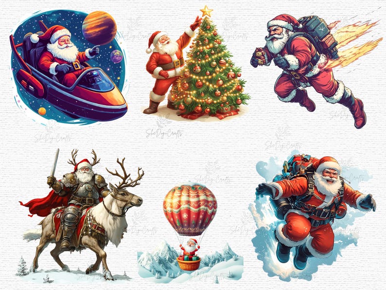 Santa riding a rainbow unicorn with holiday lights, wearing his classic red suit — magical fantasy Christmas PNG for creative crafts.