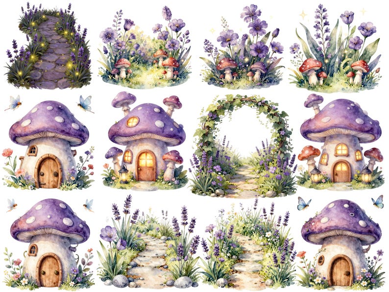 Purple Fairy Clipart Watercolor PNG Bundle, Lavender Fairy Garden ...