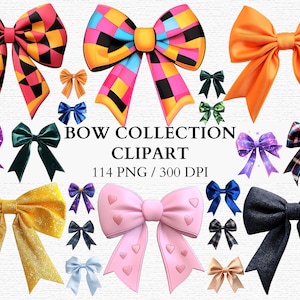 Colorful Bow Clipart Bundle 114 PNG Bows Digital Ribbon Graphics for Crafts Invitations DIY Cards Scrapbooking Sublimation Commercial Use