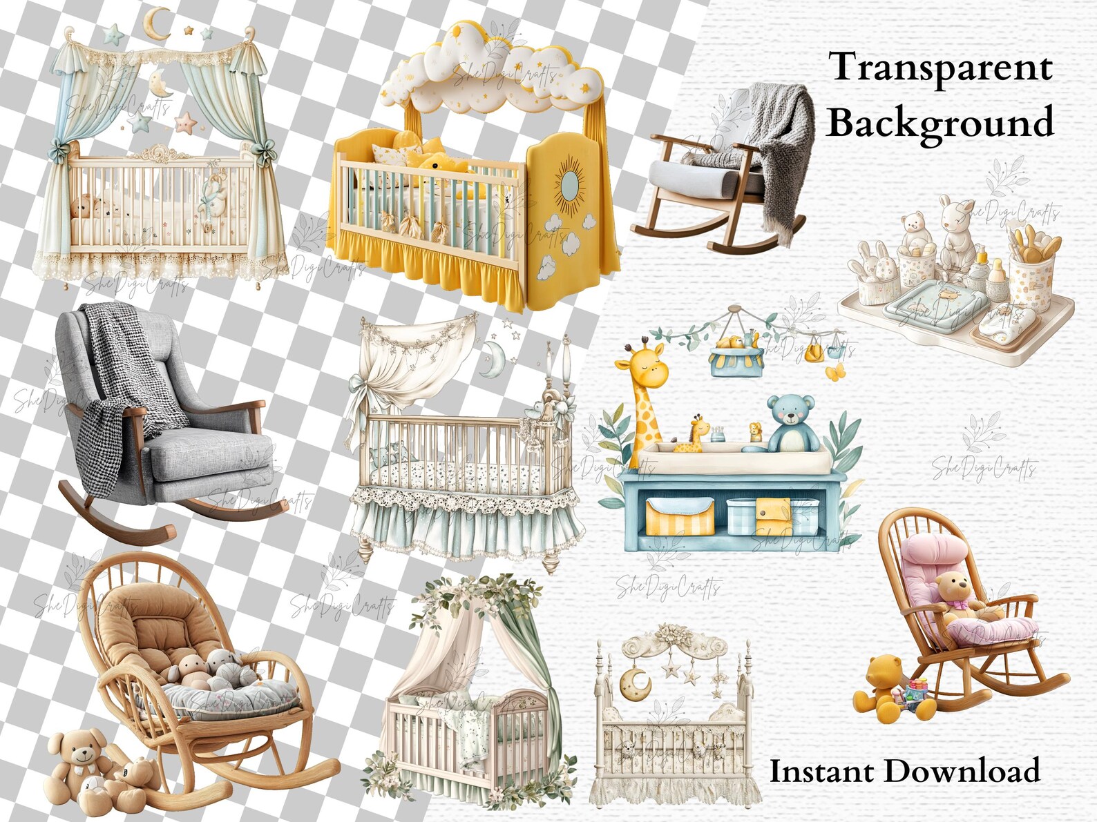 Nursery Furniture Clipart Set Baby Crib Rocking Chair Changing Table ...