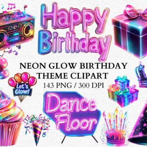 Helle Neon-Themen Geburtstag PNG Clipart mit leuchtenden Partyhüten Geschenkboxen und lebendigen Elementen Perfekt für lustige Partydekorationen Neon Glow