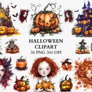 Clipart de Halloween PNG Conjunto Casa Embrujada Bruja Calabazas Castillo Arte Otoño Decoración Gráficos de Sublimación Descarga Digital Instantánea PNG