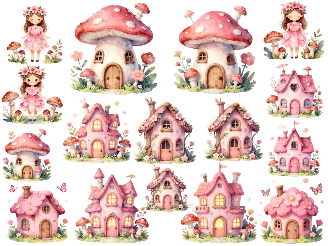 Pink Fairy Clipart Watercolor PNG Bundle, Cute Fairy Garden Clipart Set ...