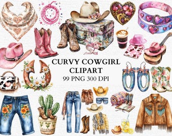 Curvy Cowgirl Clipart Set Western PNG Graphics Boho Cowgirl Digital Download Rustic Cowboy Boots Hat Jeans Country Rodeo Art Commercial Use