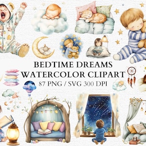 Bedtime Watercolor Clipart Baby Sleeping illustrations PNG Nursery Wall Art Decor Dreamy Kids Clipart Moon Stars Clip Art Set Cute Baby Room
