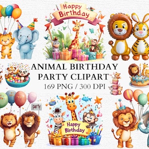 Pacote de clipart de aniversário infantil com tema de animais Balões Bolos Presentes Desenhos de circo Decorações para festas Convites de aniversário Uso comercial