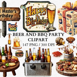 May include: A digital clipart set of 147 images for a beer and BBQ party. The images are in PNG format and are 300 DPI. The set includes images of beer, BBQ food, party decorations, and more. The images are in a watercolor style and are perfect for creating invitations, party decorations, and other craft projects.