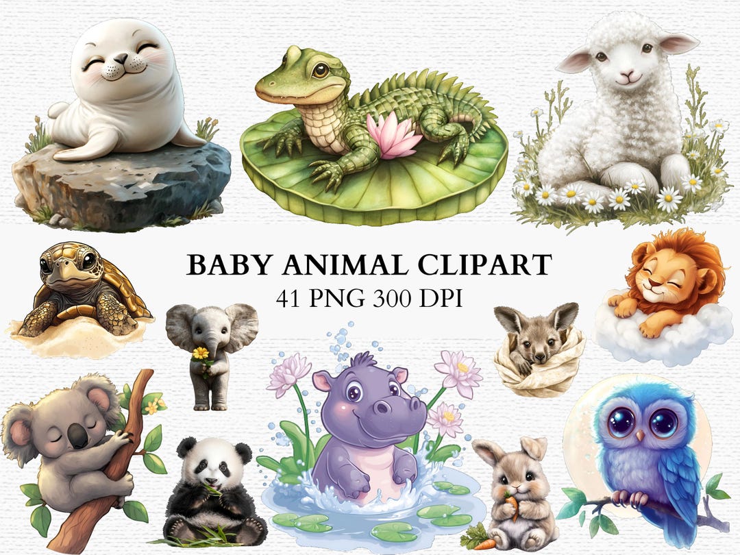 Baby Animal Clipart PNG Cute Woodland Safari Farm Animals for Birthday ...