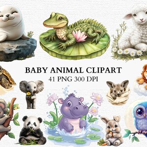 May include: A set of baby animal clipart illustrations. Features a seal, alligator, lamb, turtle, elephant, koala, panda, hippo, kangaroo, lion, bunny, and owl. The text "BABY ANIMAL CLIPART 41 PNG 300 DPI" is also included.