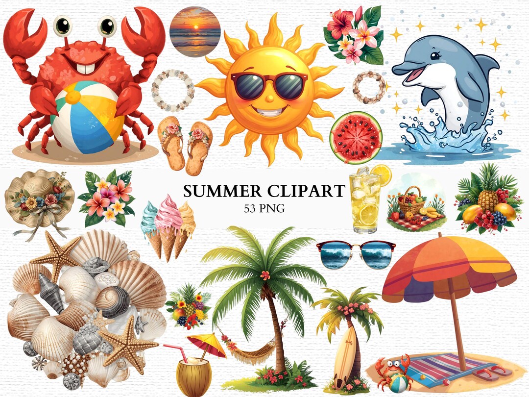 Summer Beach Clipart Bundle PNG Tropical Vacation Graphics Cute Crab ...