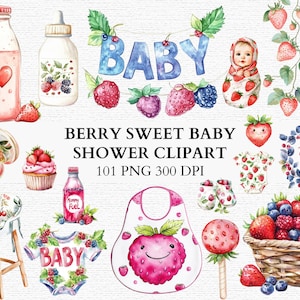 Bundle de cliparts pour baby shower baies fraises bleuets PNGs mignon bébé fille fête décoration aquarelle transparente éléments bébé téléchargement immédiat