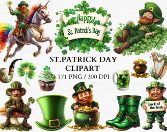 St. Patrick’s Day PNG Clipart Bundle Leprechaun Shamrock Clove Pot of Gold Rainbow Irish Decor Lucky Sublimation Designs Commercial Use