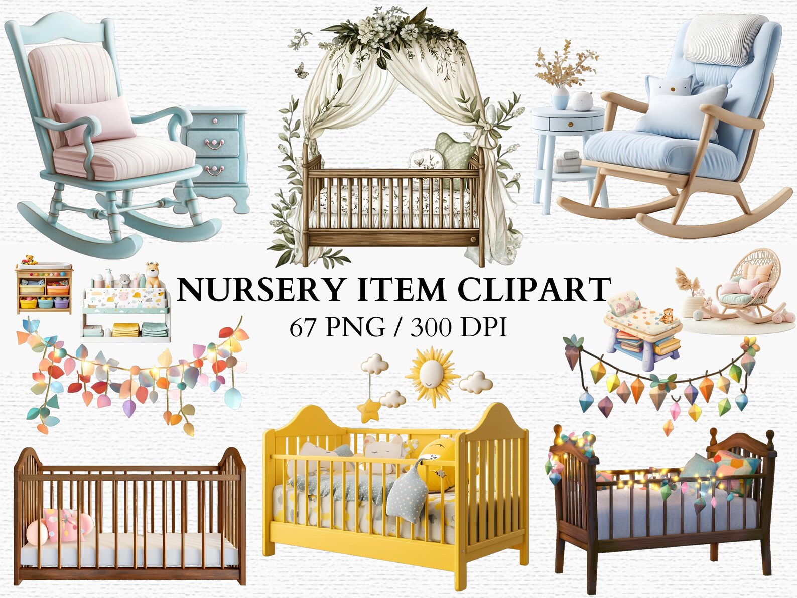 Nursery Furniture Clipart Set Baby Crib Rocking Chair Changing Table ...