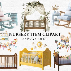 May include: A set of nursery decor clipart featuring a variety of items, including a cot, rocking chairs, a bedside table, and a canopy. The clipart is in a light and airy style, with soft colours and whimsical details. The clipart is perfect for creating personalised nursery decor, invitations, and other projects.