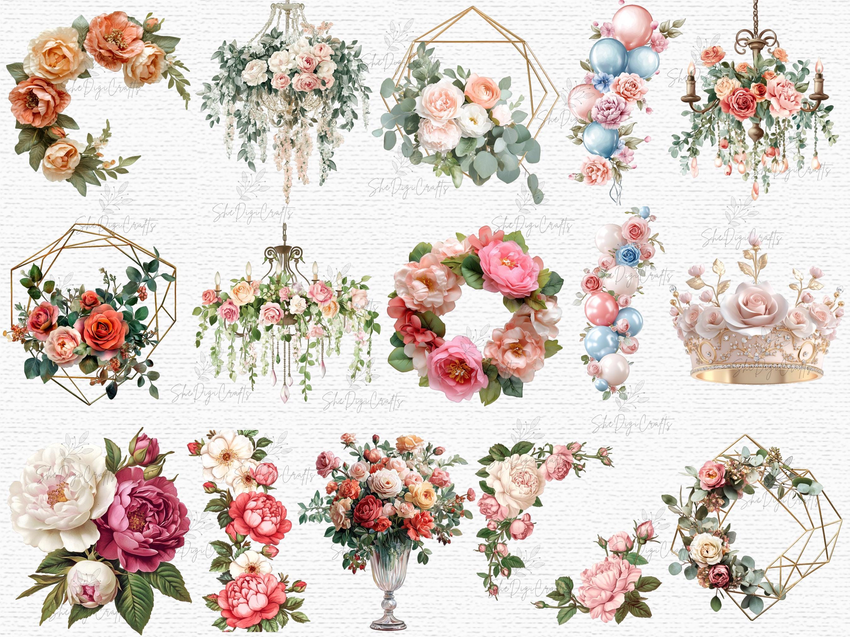 Floral Birthday Clipart Set Roses PNG Watercolor Flowers Wedding ...