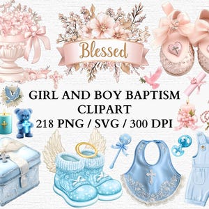 Clipart baptême bébé garçon et fille Graphismes bébé bleu et rose pour faire-part de baptême Baptême fille PNG Bundle ailes d'ange PNG et SVG