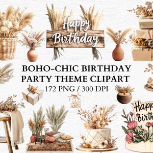 Conjunto de imágenes prediseñadas de cumpleaños boho chic con elementos en tonos terrosos como arreglos florales, decoración de madera, flores secas, linternas, tema de fiesta boho