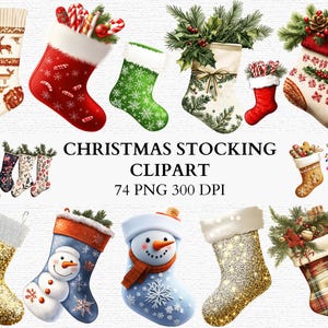 May include: A selection of Christmas stocking clipart in diverse designs. The stockings showcase festive patterns, including reindeer, snowflakes, and floral prints. Some stockings are decorated with candy canes, greenery, and snowman designs. The text "CHRISTMAS STOCKING CLIPART" is also visible.