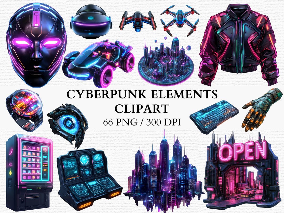 Cyberpunk PNG Clipart Set Neon Futuristic Tech Assets Digital Instant ...