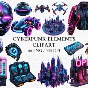 以下が含まれることがあります： サイバーパンクをテーマにしたデジタルクリップアート要素のコレクション。クリップアートには、未来的な都市の skyline、輝くネオンサイン（「OPEN」と表示）、サイバーパンクジャケット、未来的な車、ドローン、ロボットの目、時計、キーボード、ロボットの手、自動販売機が含まれています。