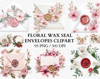 Sobres con sello de cera floral Clipart Invitación de boda vintage PNG Papelería elegante con rosas Kit de sellos de cera digitales Descarga digital instantánea